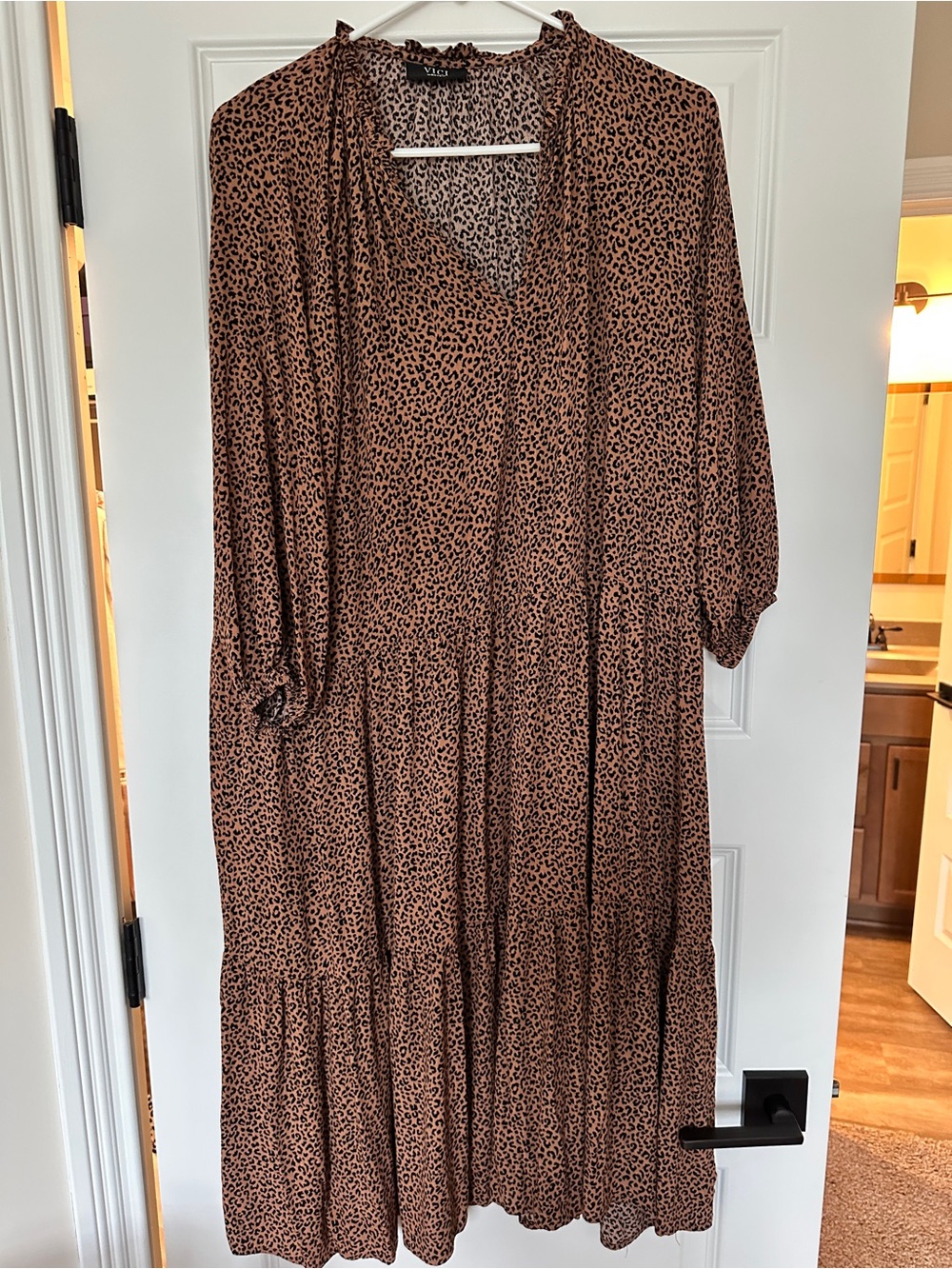 Leopard Print Tiered Midi Dress in Brown by Vici